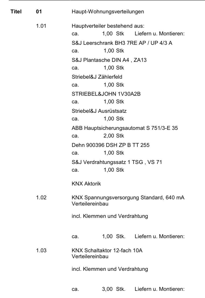 Liste der Haupt-Wohnungsverteilungen mit ca. 1 Stück je Posten (Elektrik/KNX).