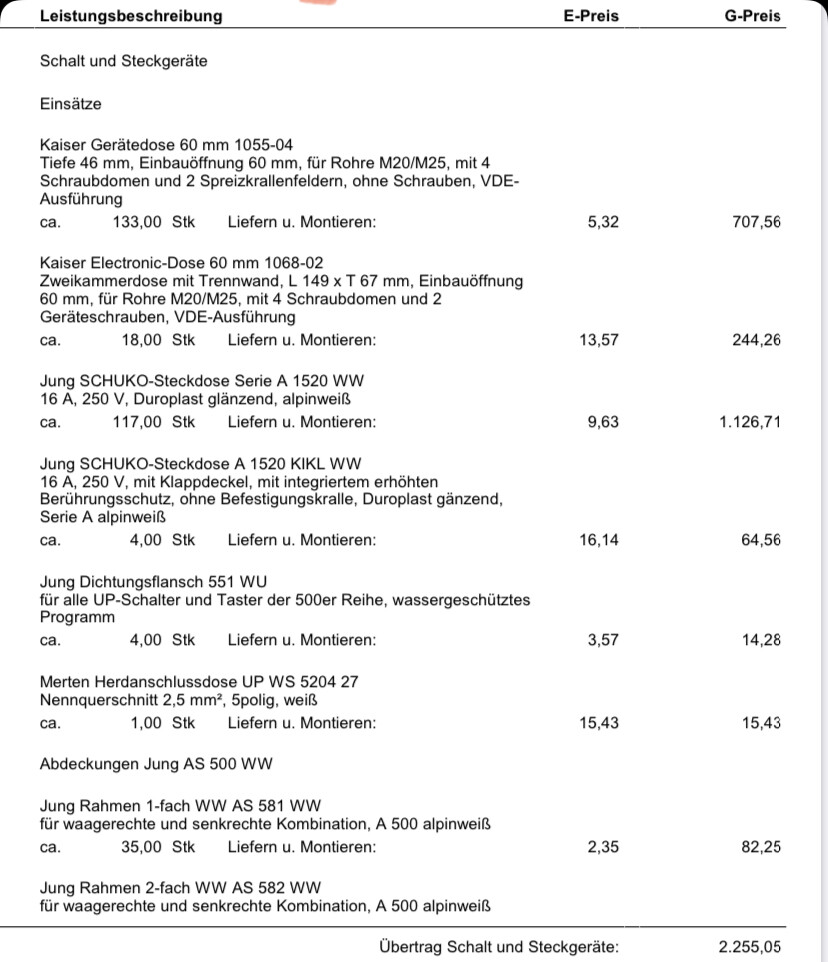 Preisliste für Schalt- und Steckgeräte mit Artikelbezeichnungen, Mengen und Preisen.