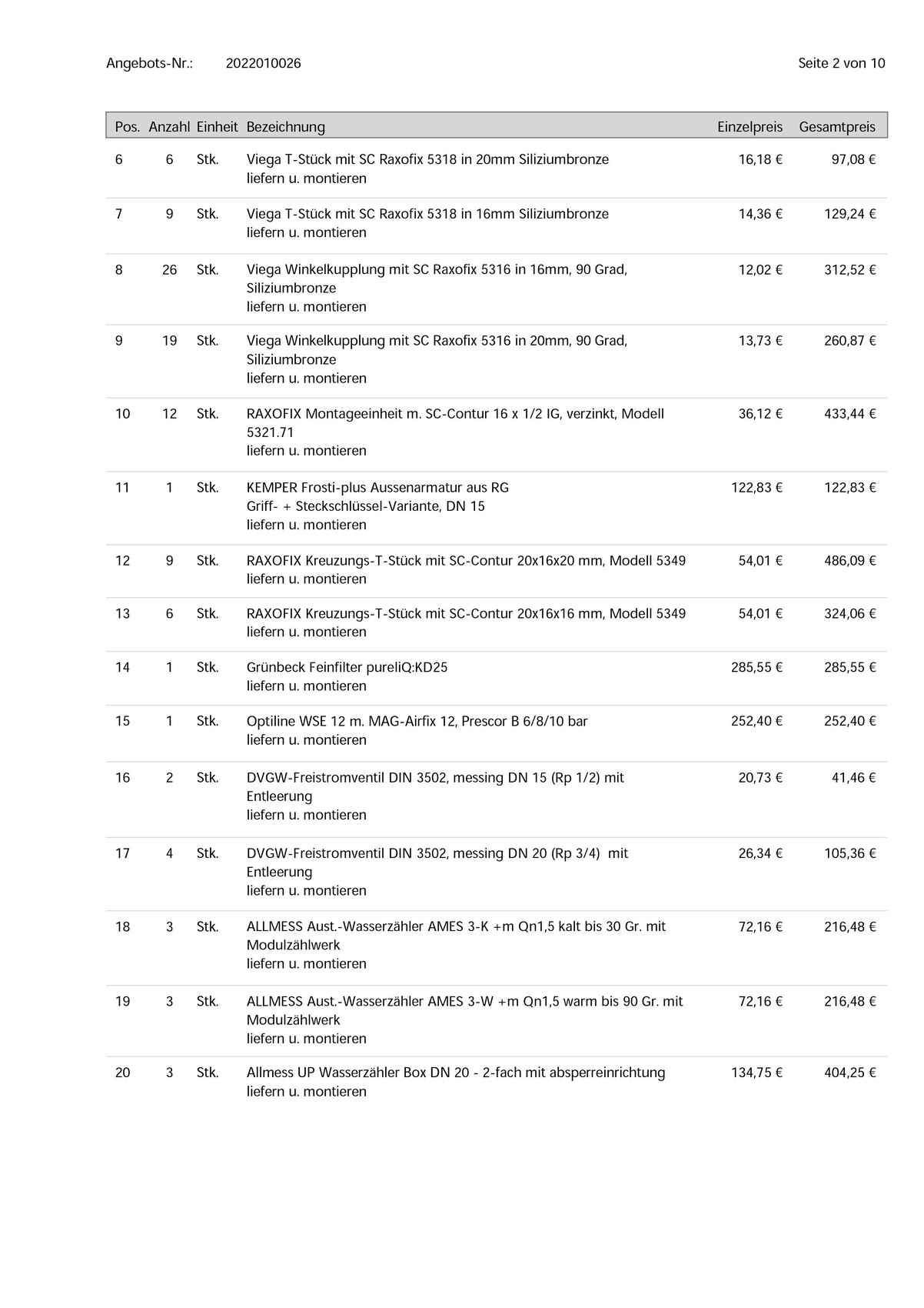 Angebotsliste mit Positionen, Mengen, Beschreibungen und Preisen (Seite 2 von 10)