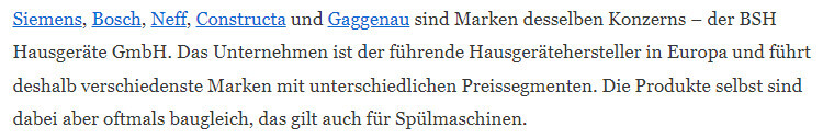 Text über BSH-Marken Siemens, Bosch, Neff, Constructa und Gaggenau; baugleiche Produkte.