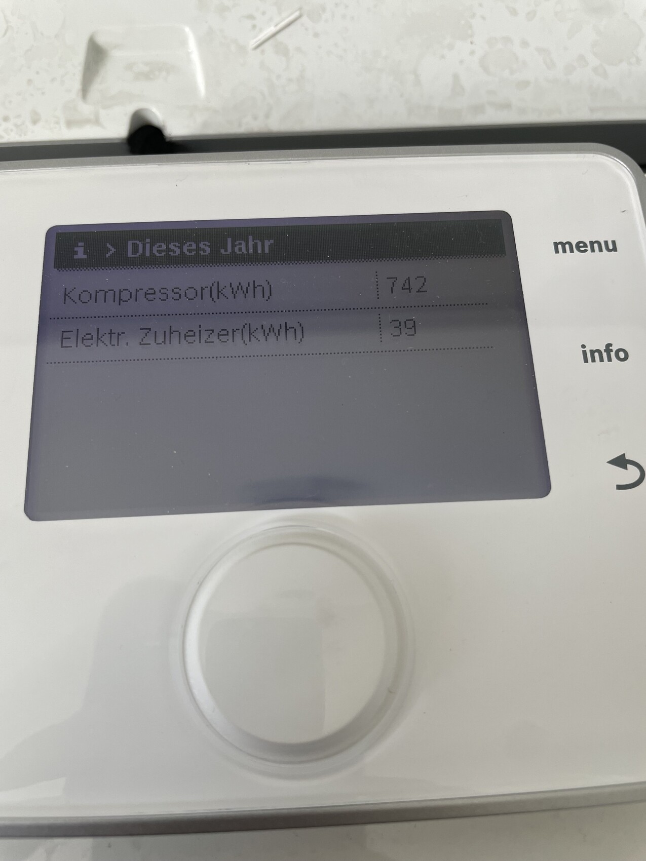 Weißes Haustechnik-Display zeigt KWh-Verbrauchswerte an