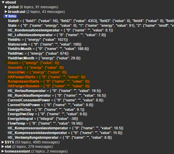 Screenshot einer ebusd-Datenstruktur mit Messwerten wie Stunden, Pumpenstarts und Temperaturen.