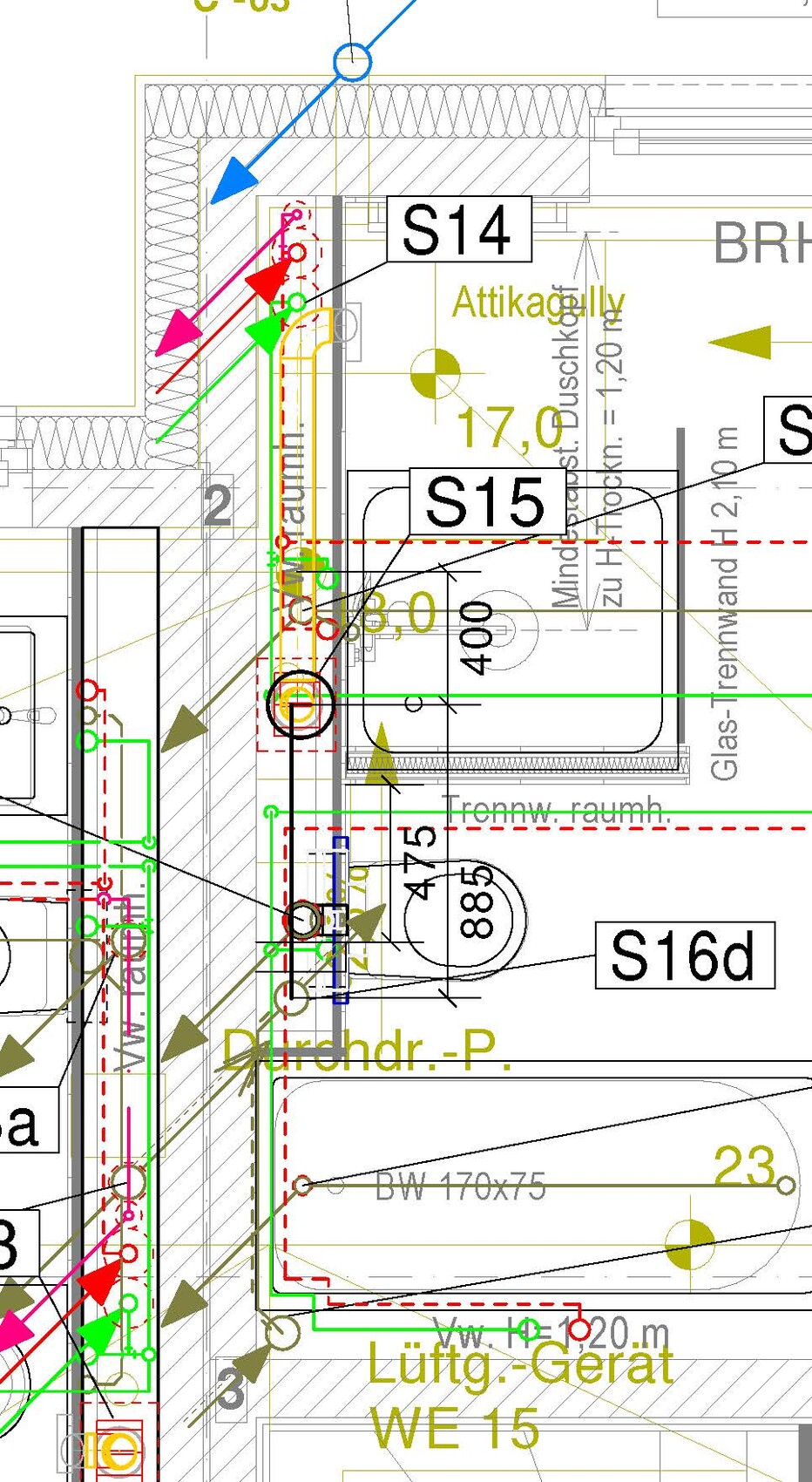 Grundrissdetail mit S14/S15, farbigen Pfeilen, Lüftungseinheit und Bauteilbeschriftungen.