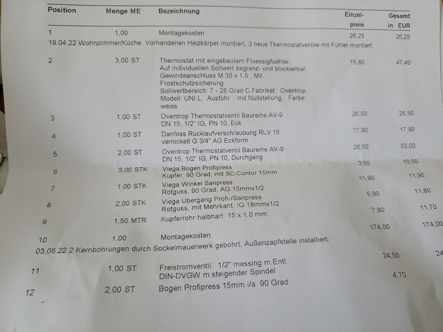 Preisliste Haustechnik und Montagematerial Bauprojekt