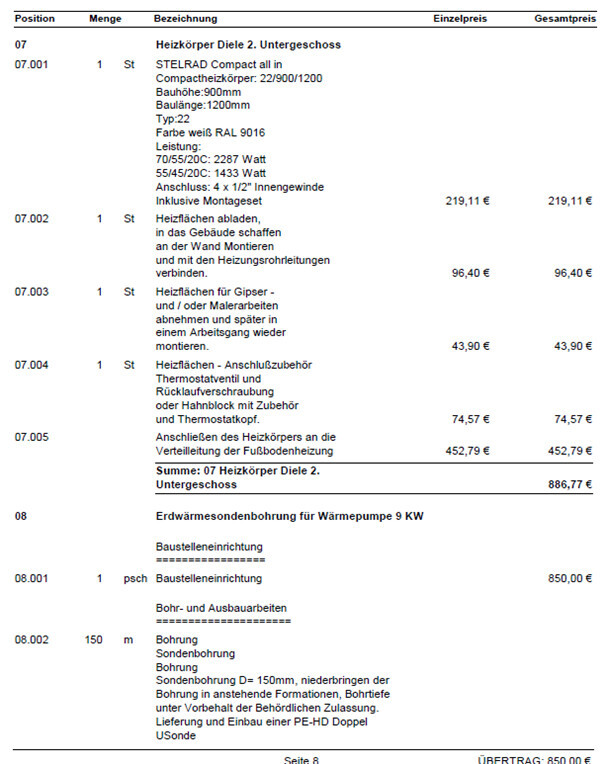 Kostenliste mit Heizkörpern, Montagen, Bohrarbeiten; Gesamtpreis (Seite 8).