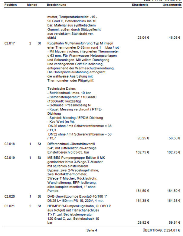 Tabellenartige Preisliste mit Positionen, Mengen, Bezeichnungen und Preisen aus einem Angebot.