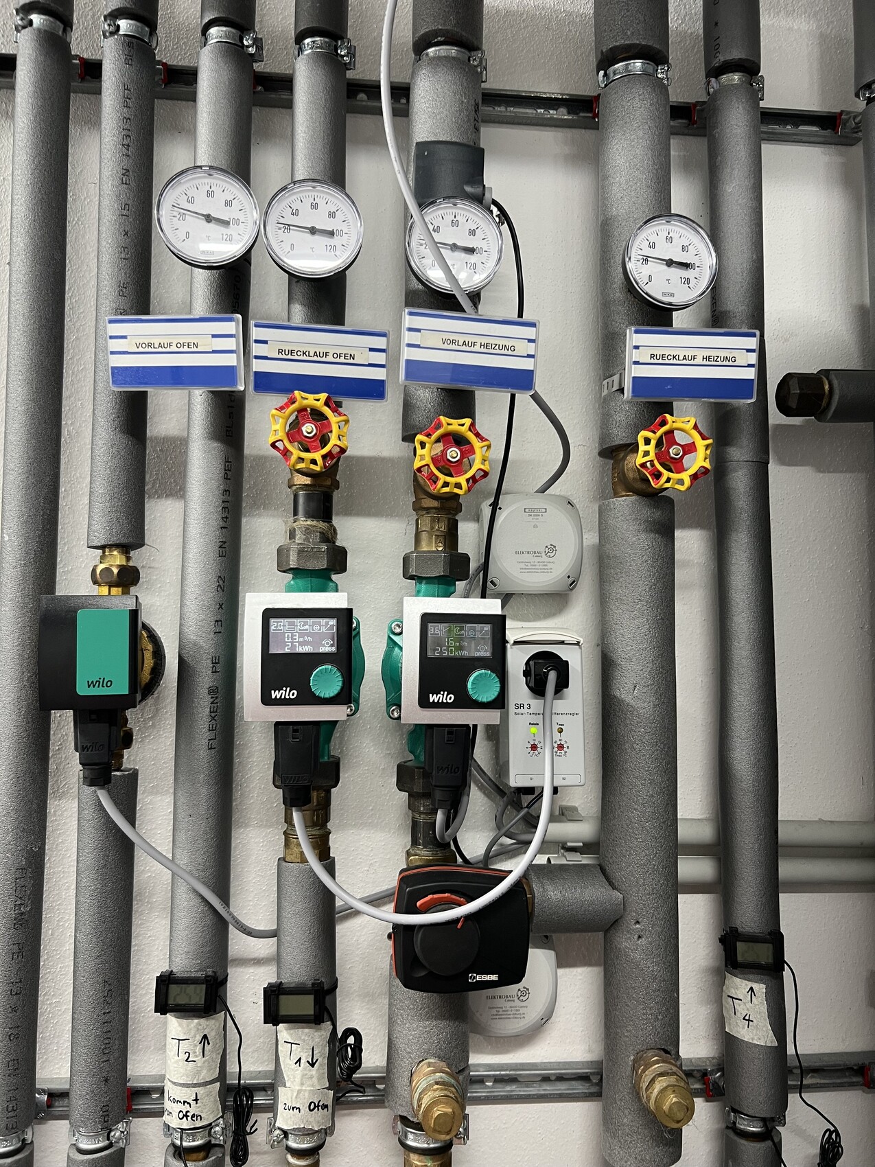 Heizungsanlage mit vier Druckmanometern, Absperrventilen mit gelben Griffen und Wilo-Pumpen.