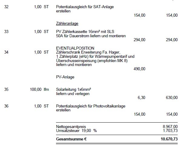 Rechnung mit Posten: Potenzialausgleich, PV-Anlage, Zähler, Leitung, Gesamt 10.670,73 €
