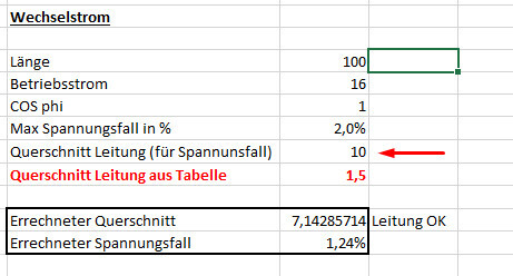 Tabelle mit Querschnittsberechnungen für Leitungen: Länge, Betriebsstrom und Querschnitt