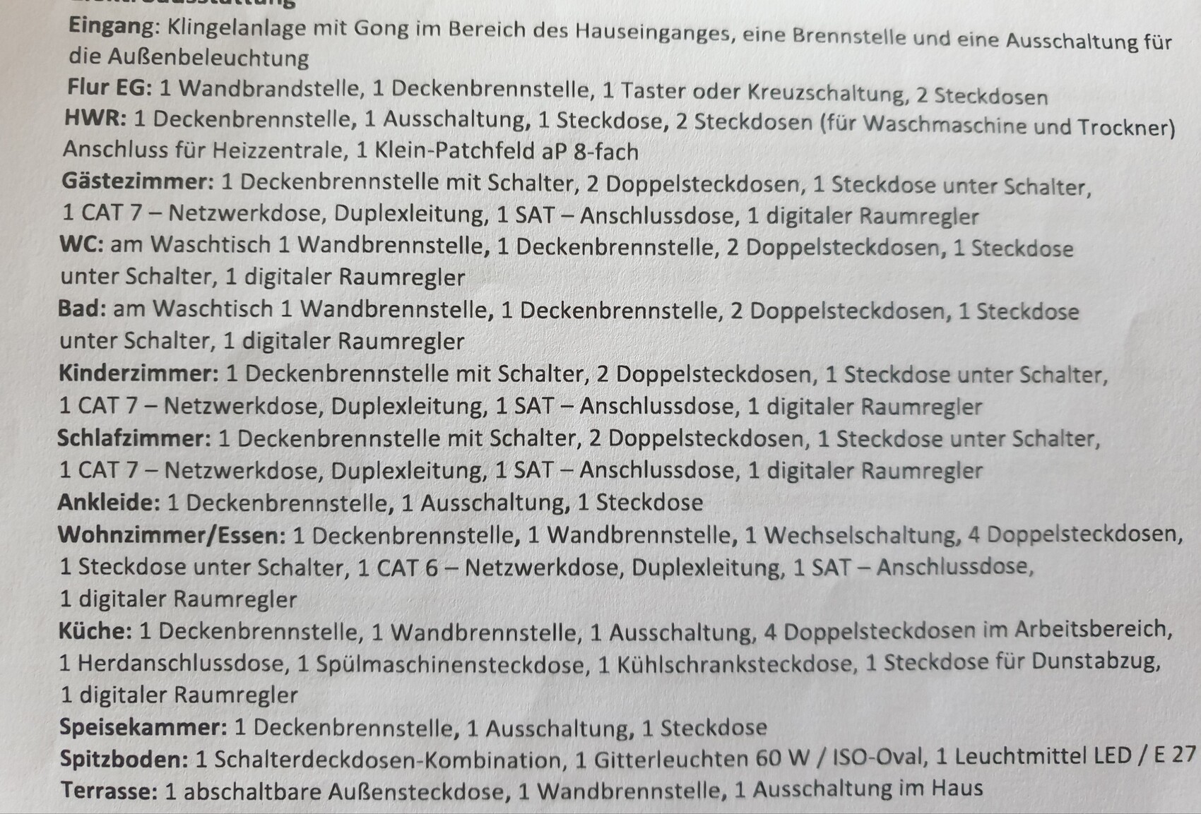 Übersicht der Hausinstallationen nach Räumen: Klingelanlage, Steckdosen, Netzwerke.