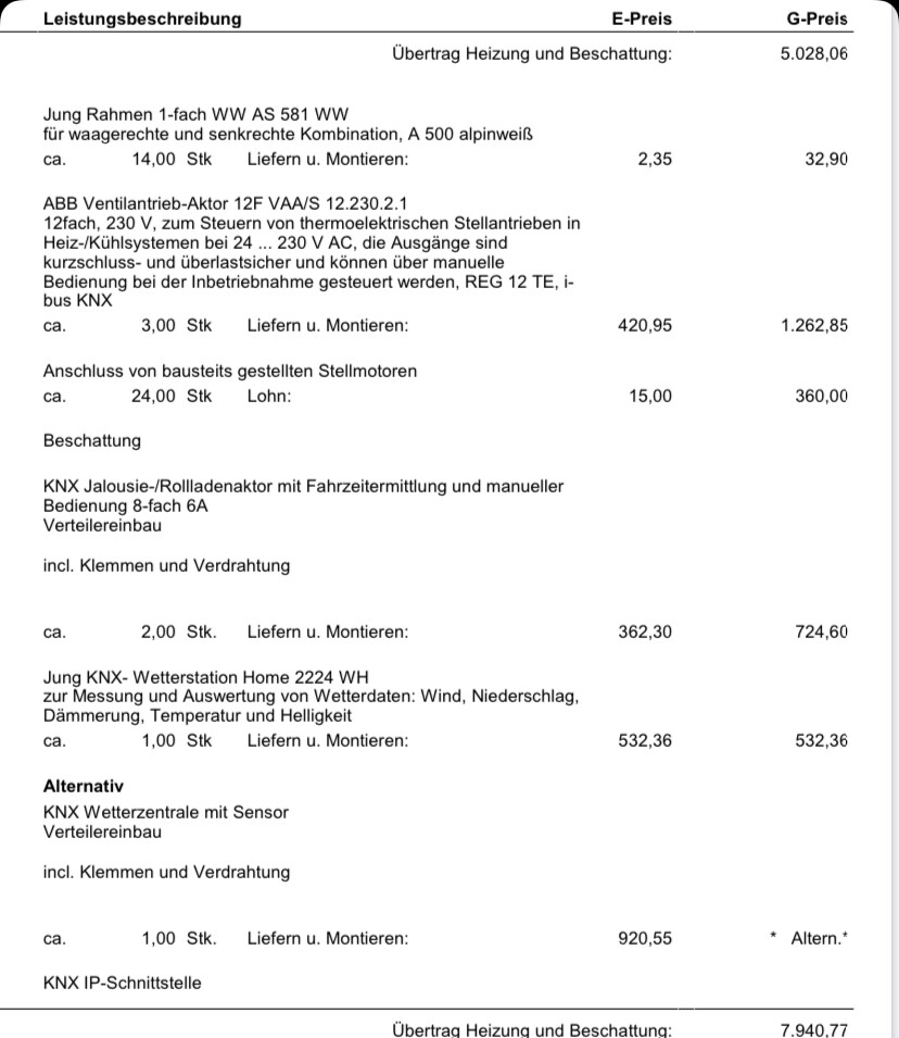 Kostenaufstellung/Angebot mit Heizungs- und Beschattungspositionen und Preisen.