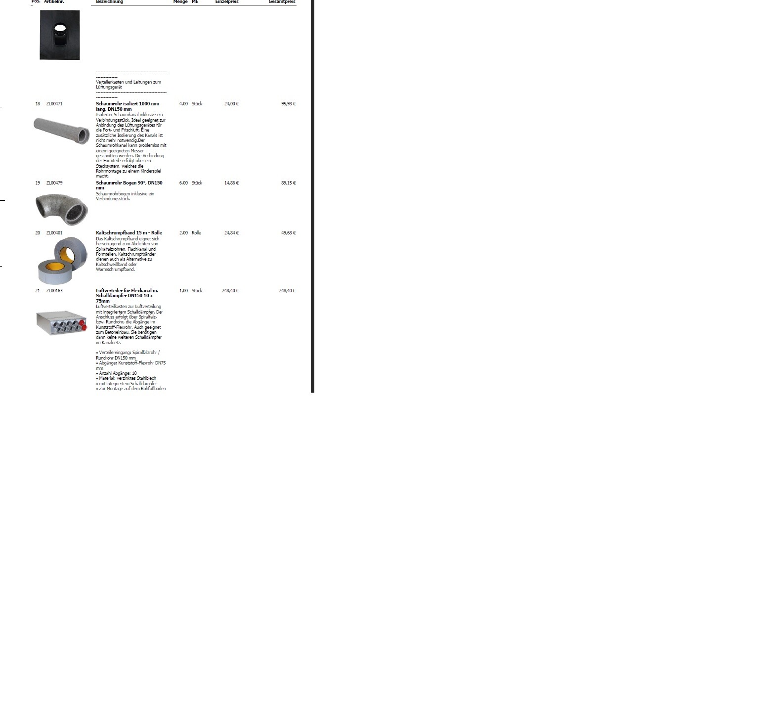 Katalogseite mit Bildern von Rohrteilen, Fittings und Isolationsmaterialien.