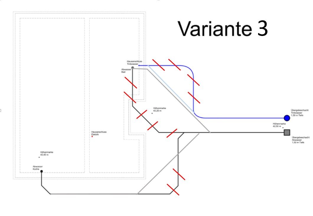 Variante 3: Technische Grafik eines Abwasser- und Rohrleitungssystems mit blauer Leitung.