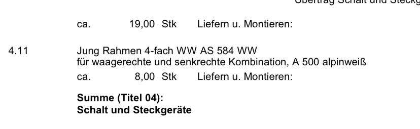 Dokument mit Positionen zur Lieferung/Montage von Schalt- und Steckgeräte sowie Gesamtsumme