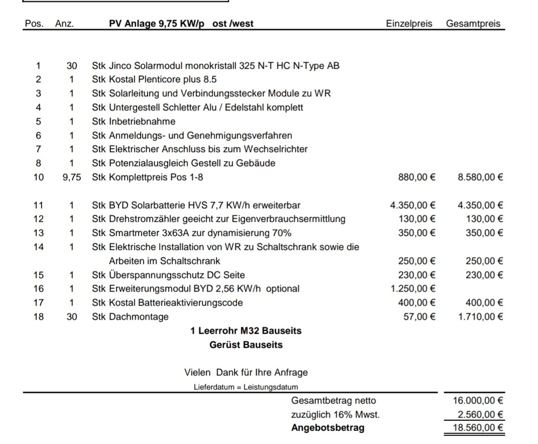 Rechnungsliste einer PV-Anlage mit Solarmodulen, Solarbatterie und Installationsdetails