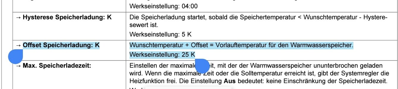 UI-Screenshot: Tabelle mit Hysterese/Offset der Speicherladung, Werkseinstellung 25 K.