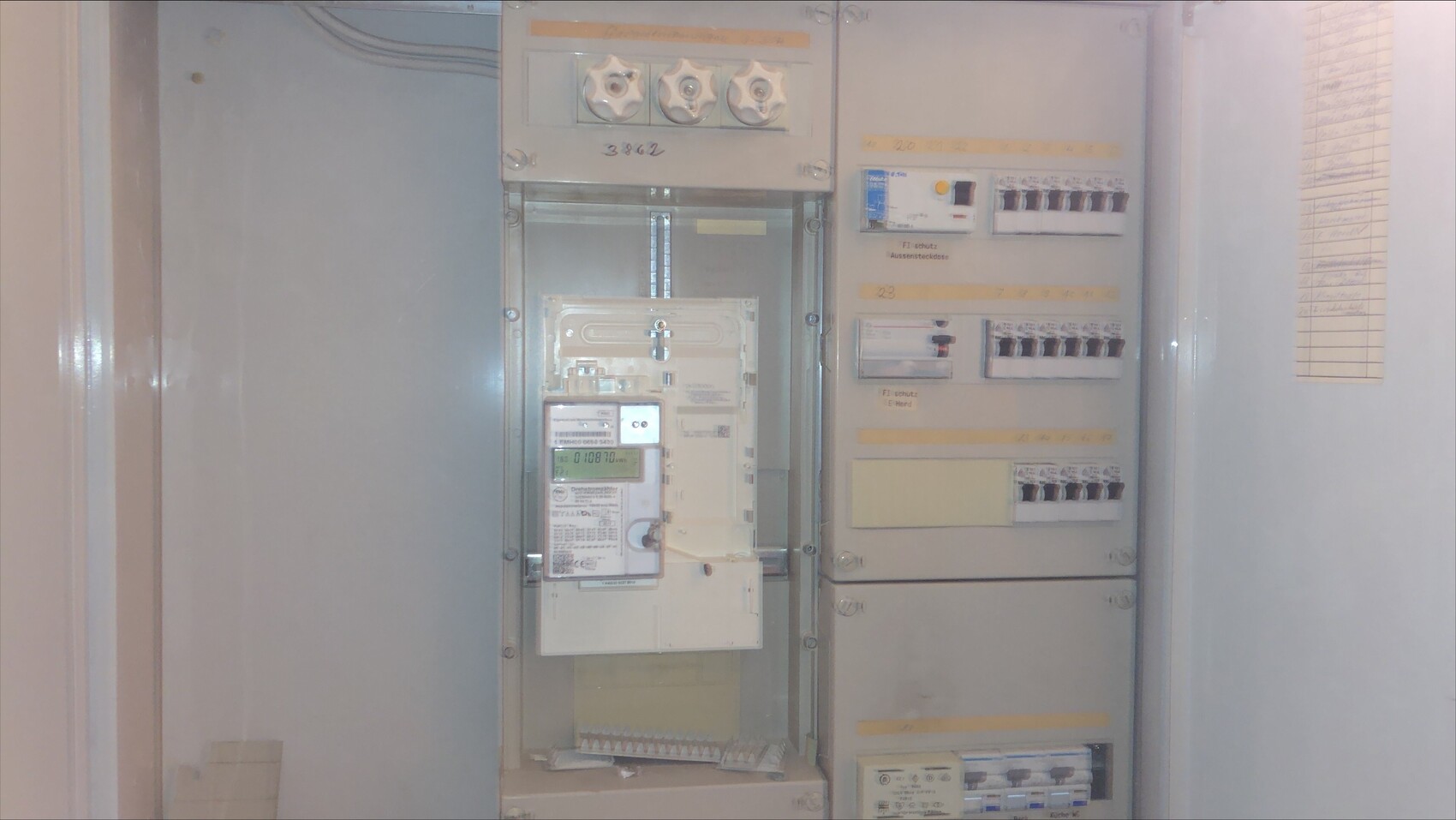 Verteilerschalttafel mit Zählern und Sicherungen in einem Elektroverteiler