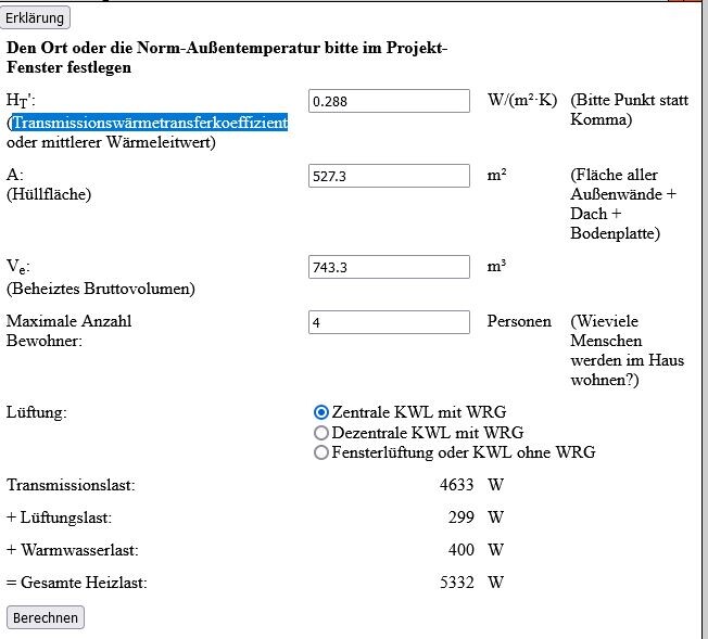 Screenshot eines Heizlast-Rechners mit Feldern Ht', A, Ve, Personen, Lüftung und Gesamtheizlast.