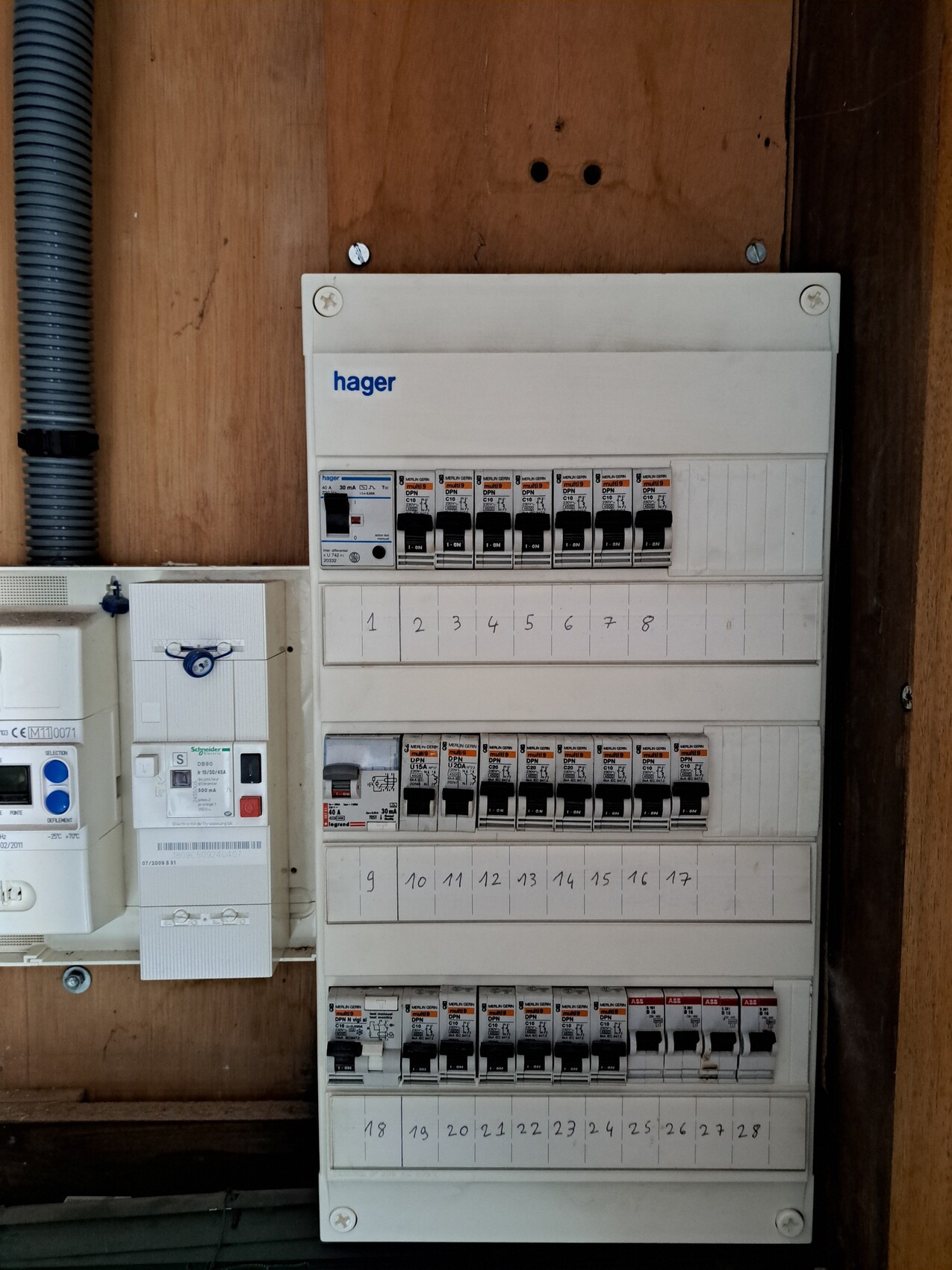 Hager-Verteilerschrank mit vielen Sicherungsautomaten, nummeriert 1–28, an einer Holzwand.