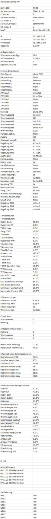 Bild einer Tabellenübersicht mit Geräteparametern wie IP, MAC, Seriennummer, Regelsystem