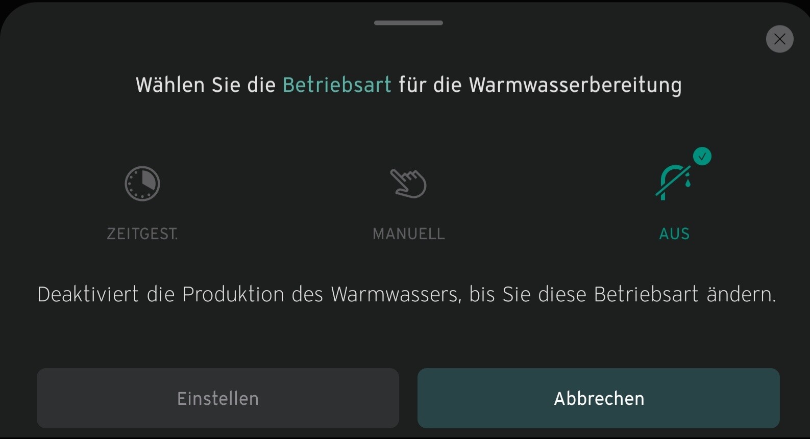 Bildschirm mit drei Optionen zur Warmwasser-Betriebsart: Zeitgesteuert, Manuell, Aus.