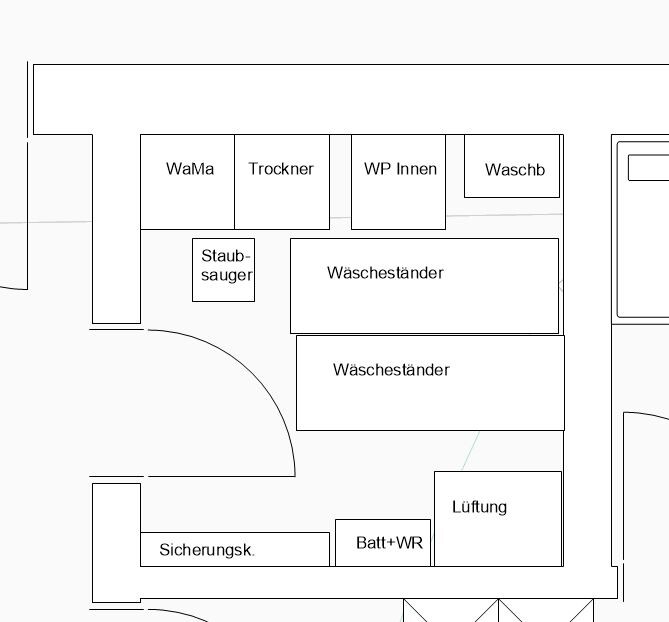 Grundriss Waschküche: WaMa, Trockner, Waschbecken, Staubsauger, Wäseständer, Lüftung, Sicherungsk.