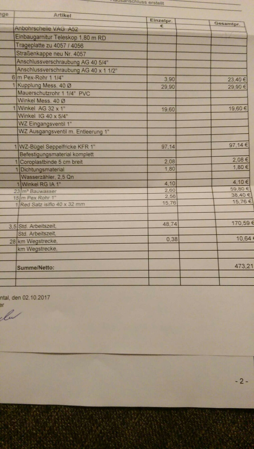 Detaillierte Rechnungstabelle mit Artikeln, Preisen und Netto-Summe 473,21 €.