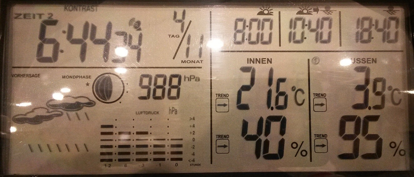 Elektronische Wetterstation zeigt Innen- und Außentemperatur, Luftfeuchtigkeit und Uhrzeit.