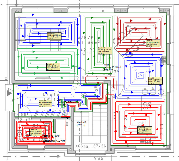 Gebäudelayout mit farbigen, spiralförmigen Luftpfaden in Räumen (blau, grün, rot).