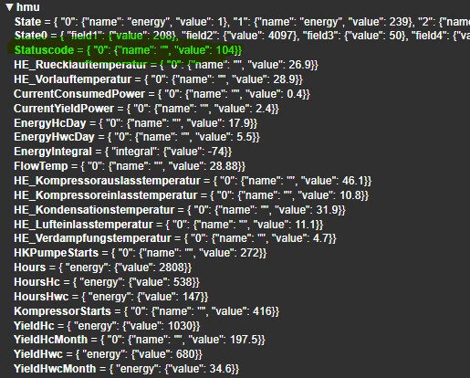 Screenshot einer Energie- und Sensor-Datenliste mit Messwerten (Energie, Flow, Yield, Temperaturen).