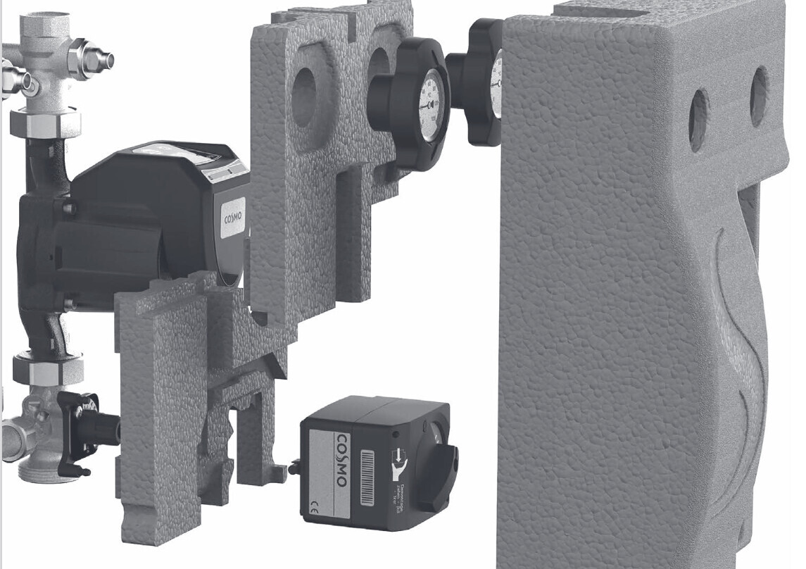 Explodierte Ansicht eines modularen Ventil- und Regelsystems mit Manometer, Drehknopf und Anschlüssen.