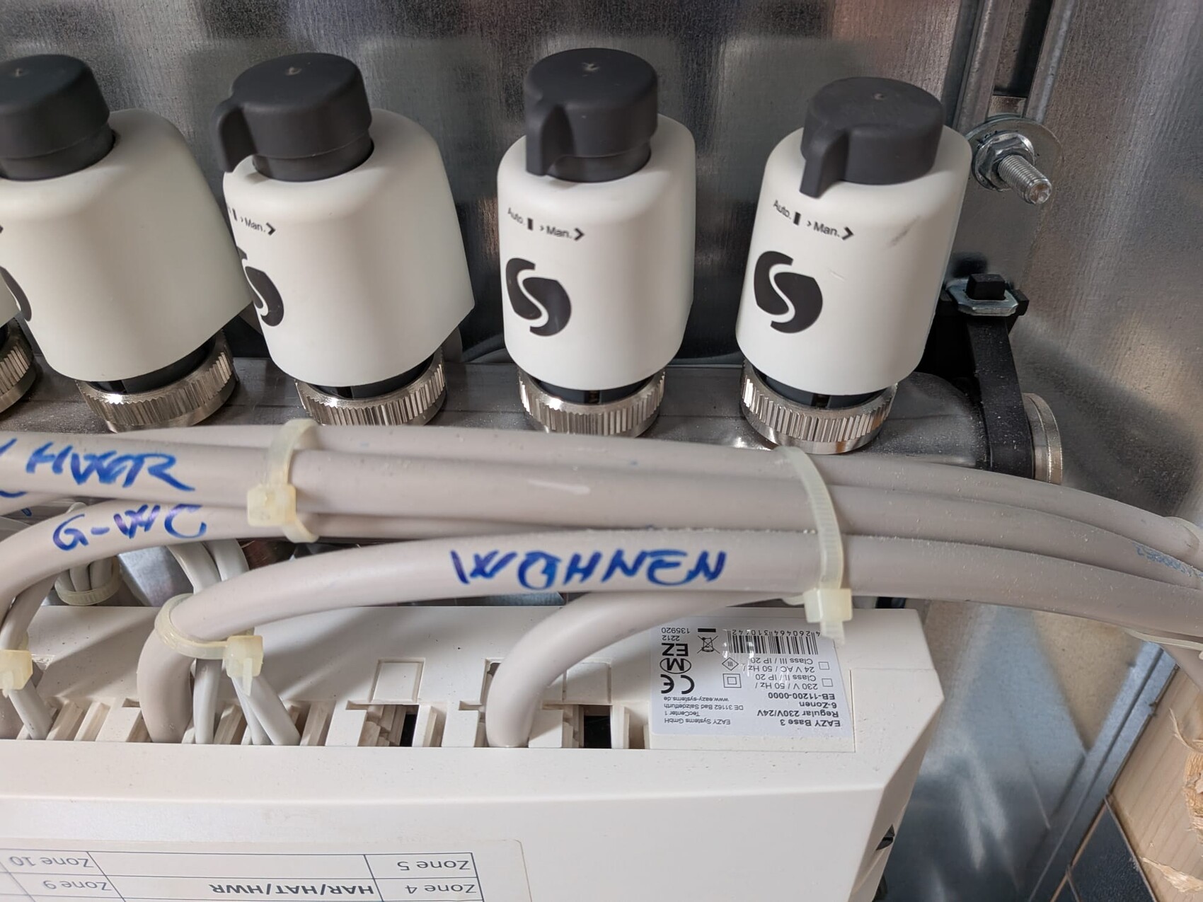 Nahaufnahme einer Haustechnik-Verteilereinheit mit Knöpfen und Kabeln
