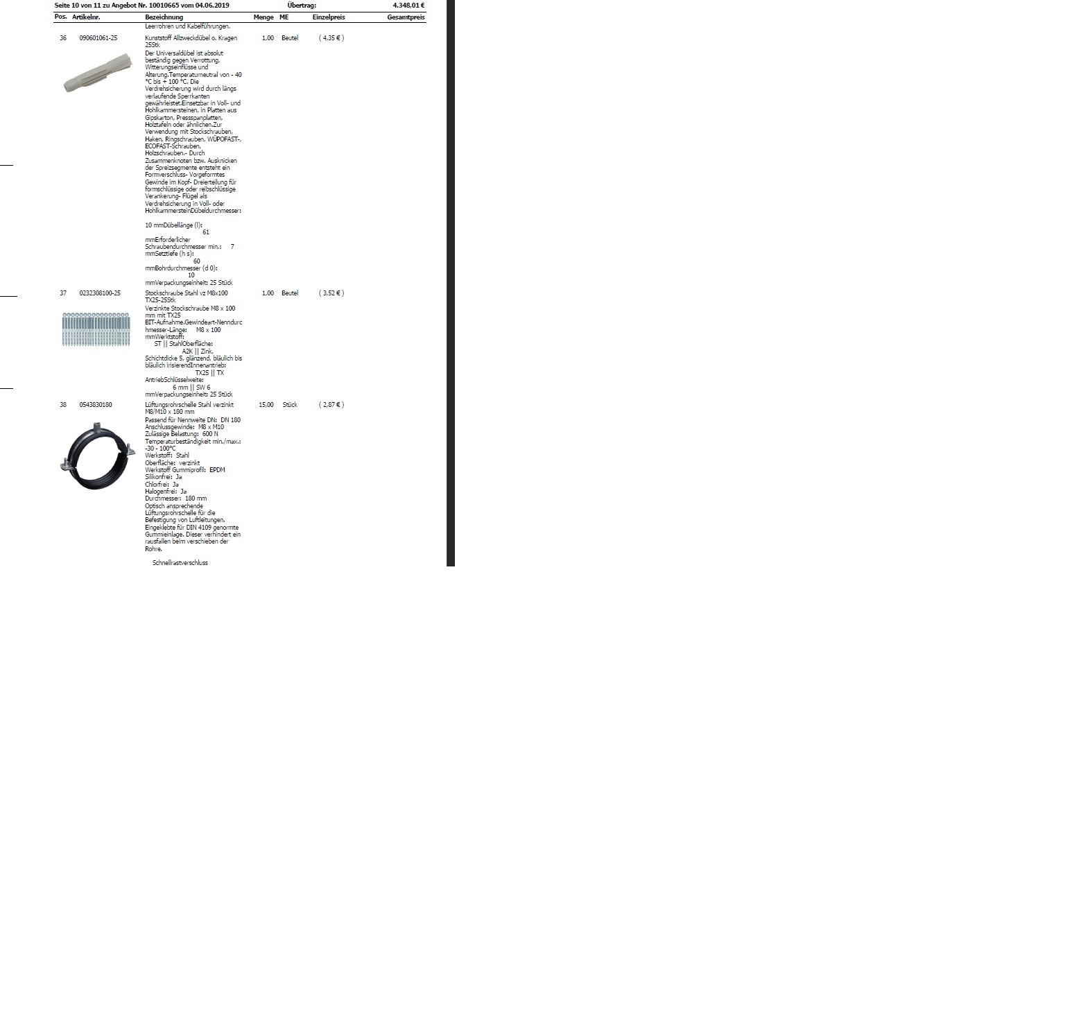 Ausschnitt einer Angebotsliste mit drei Produktabbildungen, Bezeichnungen und Preisen.