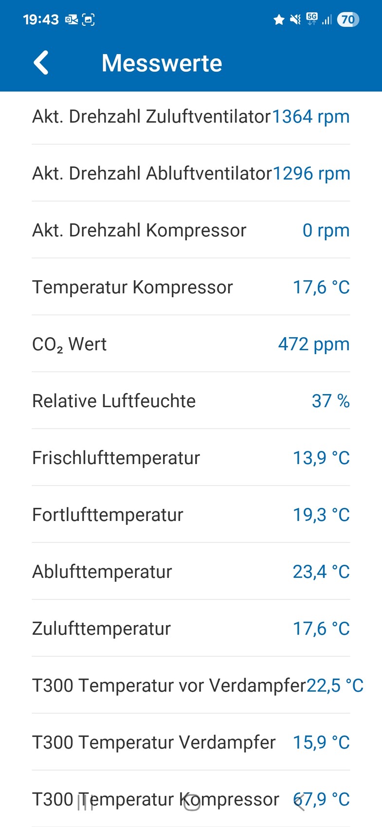 Smartphone Bildschirm mit Haustechnik-Messwerten: Ventilatordrehzahl, Temperaturen und CO2