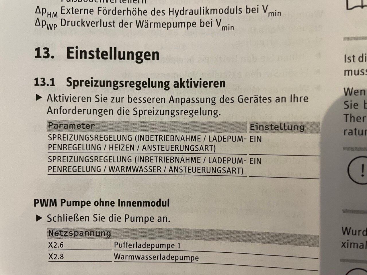 Seitenabschnitt Einstellungen: Spreizungsregelung aktivieren und PWM-Pumpe ohne Innenmodul.