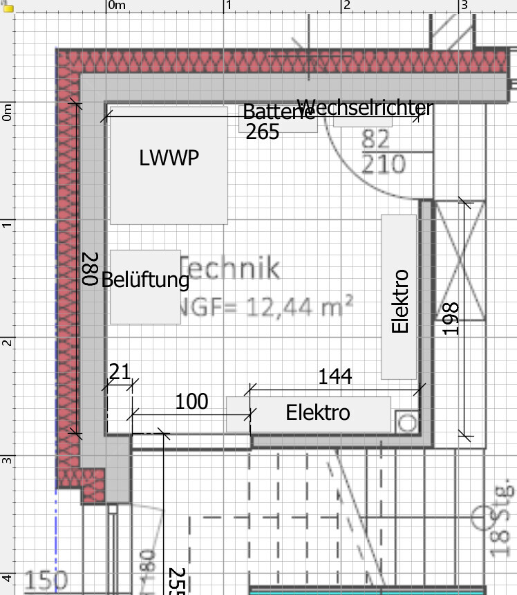 2D Grundriss eines Technikraums mit Belüftung und Elektroinstallationen