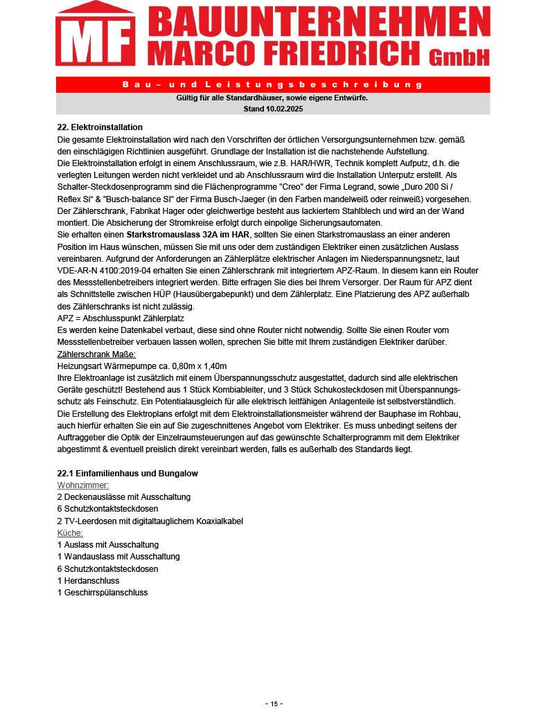 Dokumentseite eines Bauunternehmens mit Elektroinstallation und Haustechnik