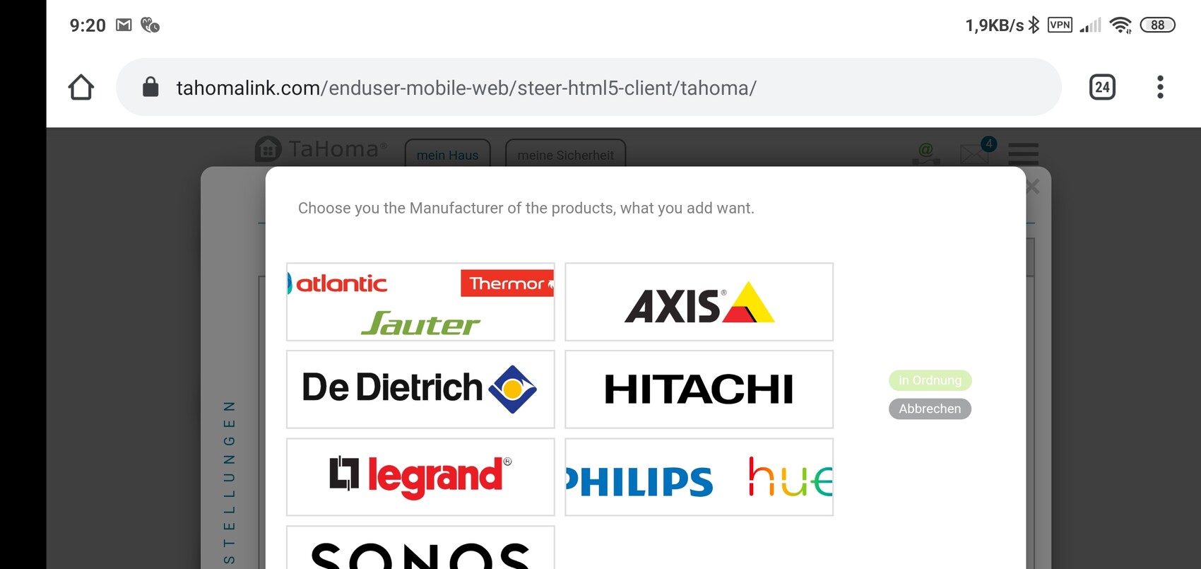 Screenshot einer Web-App mit Herstellerlogos und Auswahldialog für Haustechnik