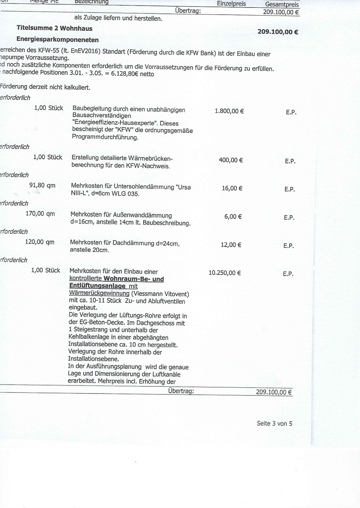 Seite aus Baukostenauszug mit Energiekosten und Installationspositionen
