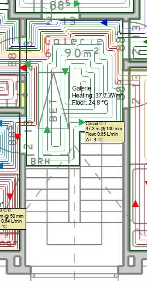 Schematisches Layout eines Heizungsnetzes in einem Gebäude mit farbigen Leitungen.