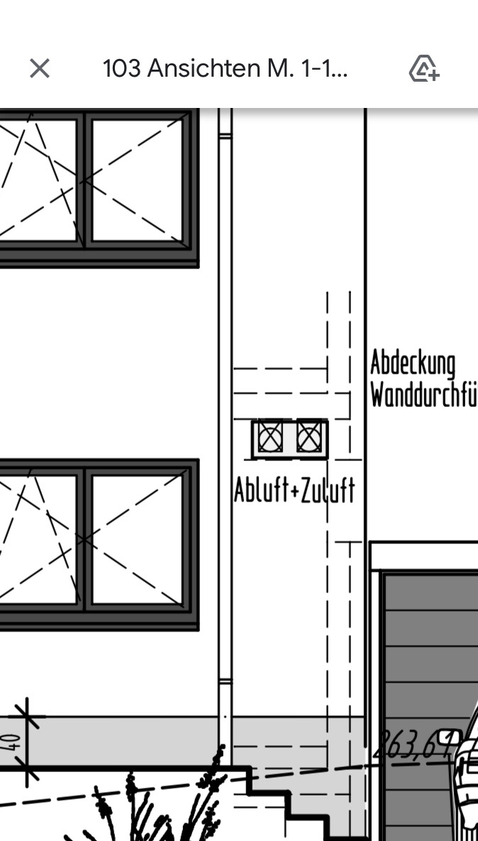 Grundrissplan mit Fenstern, Wanddurchführung und Abluft-Zuluft-Lage