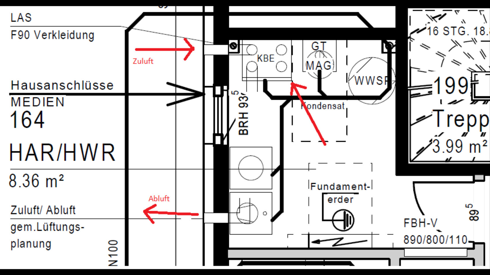 Grundriss HAR/HWR: Raum mit Zuluft- und Abluftführung, Lüftungskomponenten.