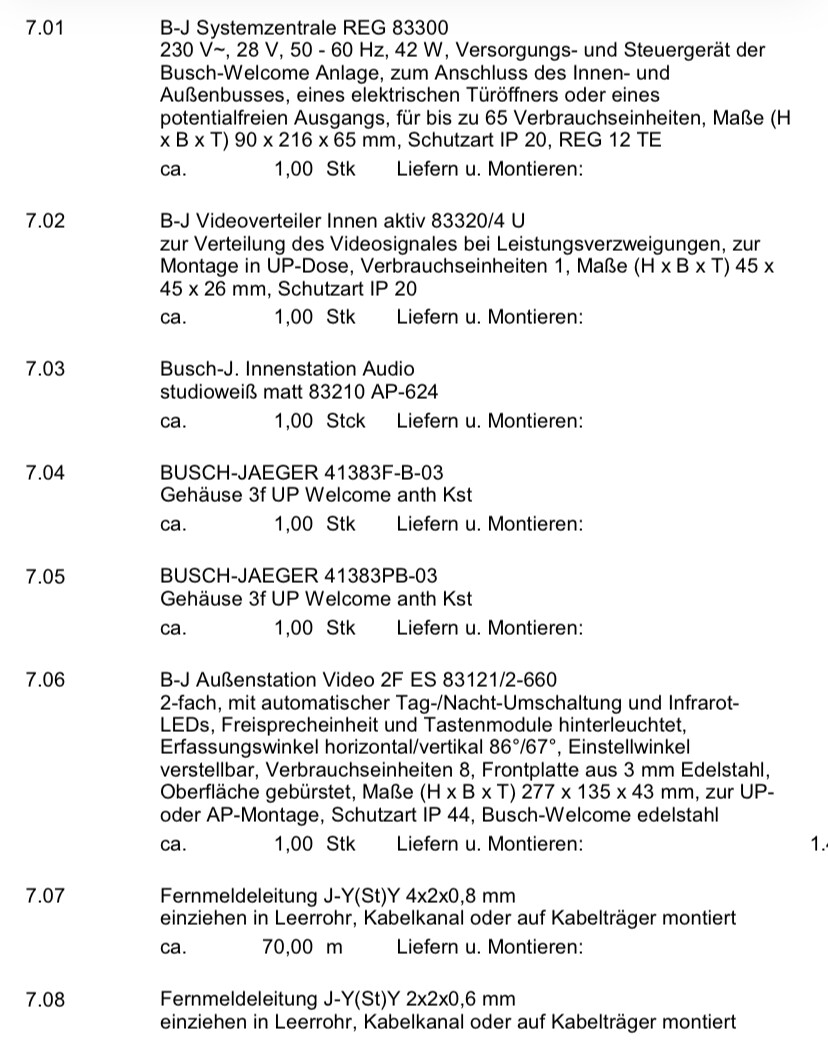 Übersicht technischer Komponenten mit Nummern, Bezeichnungen und Stückangaben (7.01-7.08).