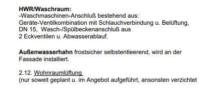 Technische Notizen zum HWR-Waschraum mit Anschlüssen, Ventilen und Belüftung.
