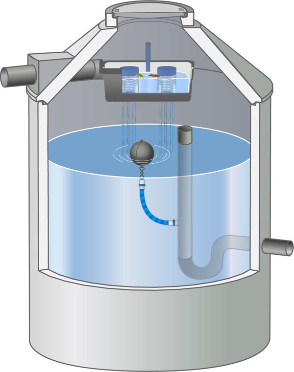 Schematischer Wassertank mit Schwimmer-Sensor und Rohrleitung im Inneren.