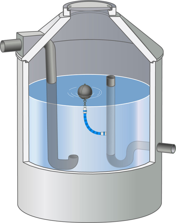 Schematische Abbildung eines Wassertanks mit Rohrleitungen und Ballventil
