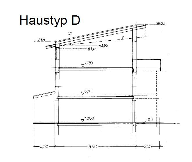 Schnittzeichnung: Haustyp D, mehrstöckiges Haus mit Dachneigung und Maßangaben.