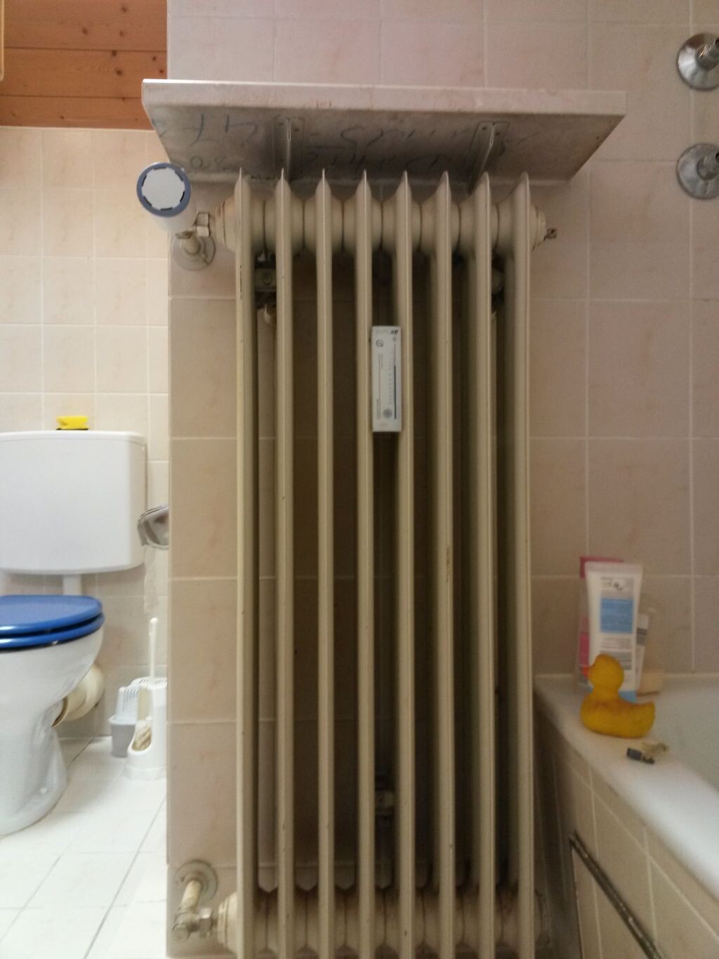 Badezimmer mit Heizkörper, Toilette links, Badewanne rechts, gelbe Gummiente auf der Wanne