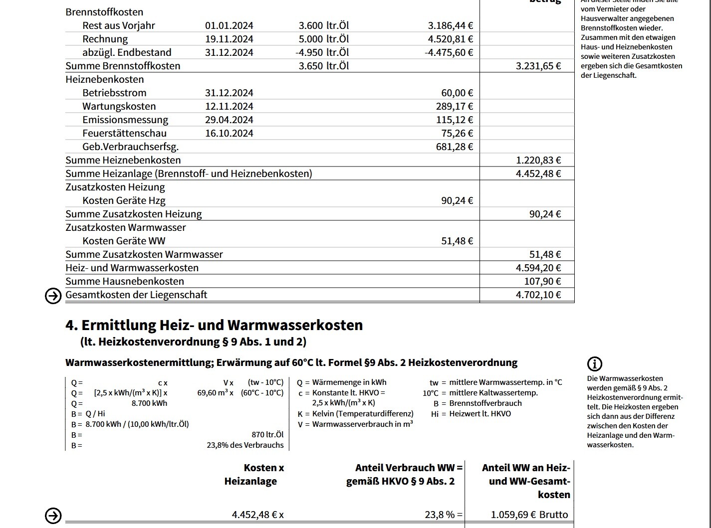 Tabelle mit Heiz- und Warmwasserkostenberechnung