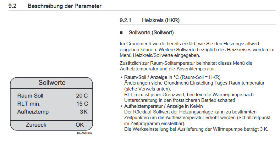 Anzeige eines Sollwerte-Bildschirms: Raum Soll 20 C, RLT min. 15 C, Aufheiztemp 3K